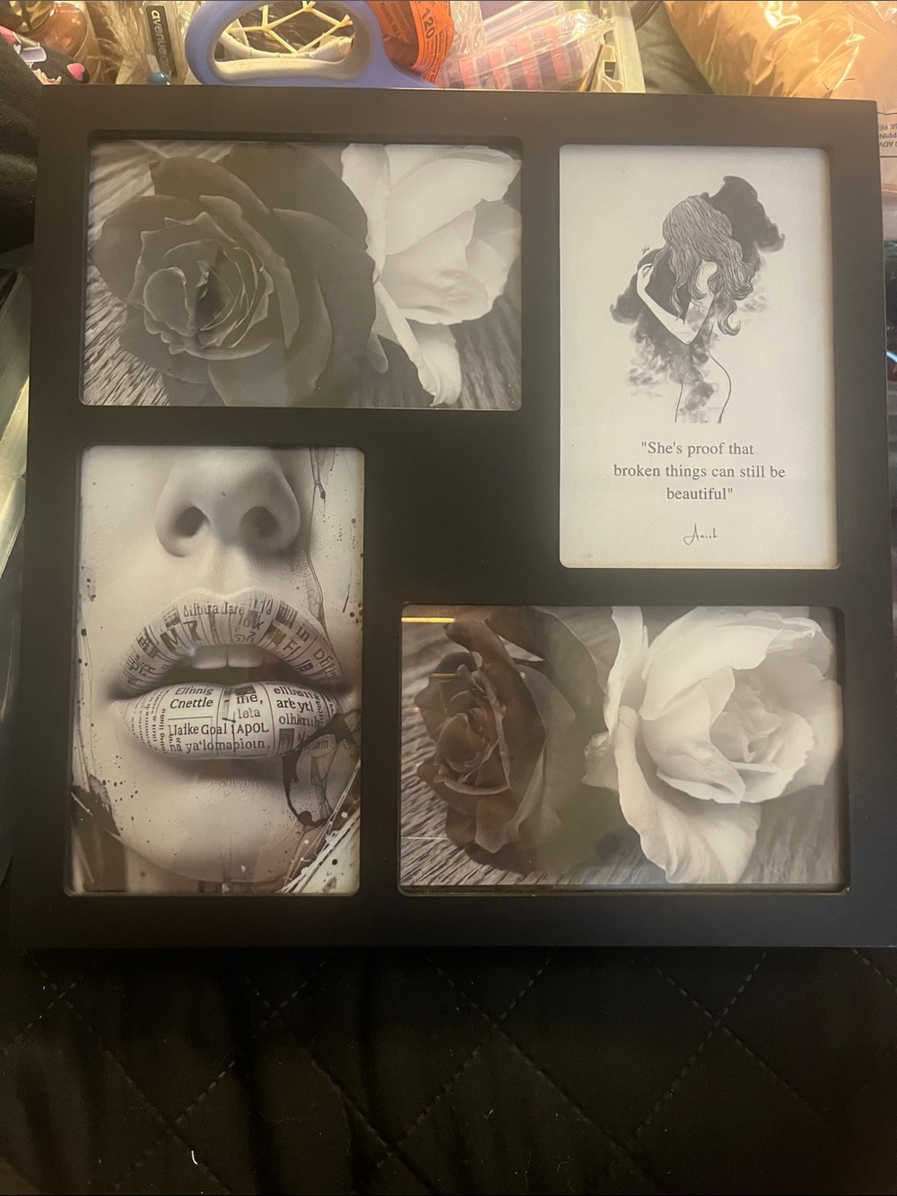 Black Multi-Opening Photo Frame Collage - Black White Printed pics Original 488